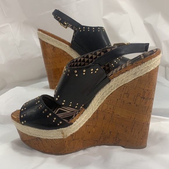 JESSICA Simpson Geno Cork look Platform Wedge Leather Studded Buckle Size 10B - Picture 5 of 12